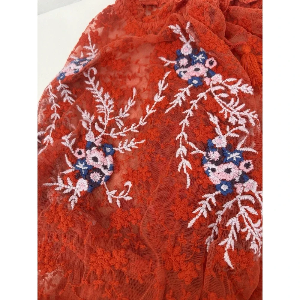 Free People Jubilee Red Sheer‎ Mesh Embroidered Top Blouse Crop Womens Size M
